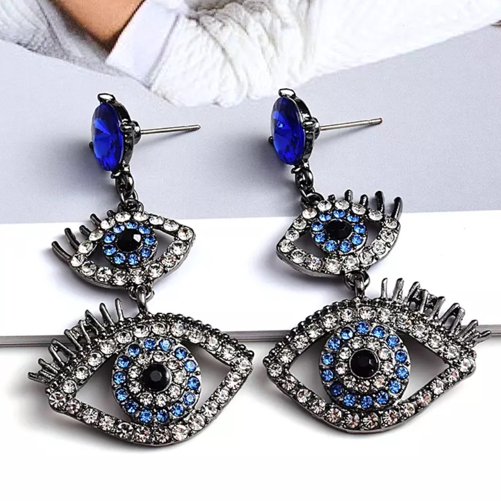 NEW Rhinestone Gunmetal Evil Eye Earrings